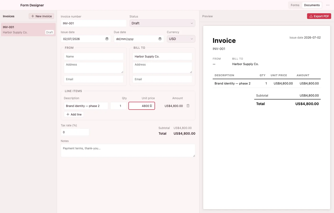 Form Designer: Invoices