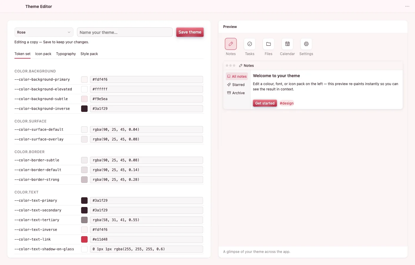 Theme Editor: The token set